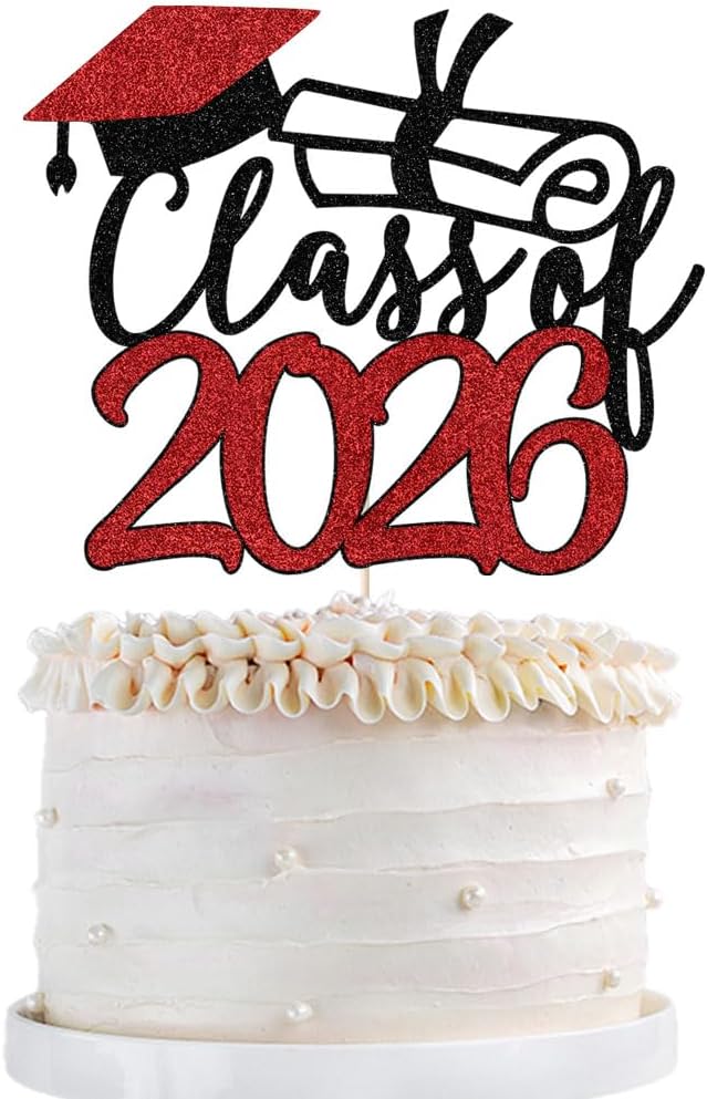 Gold Class of 2026 Congrats Grad Cake Topper Glitter Graduation Party Supplies - High School College Graduates -College Graduate Cake Topper Decorations (Class of 2026 Black red)