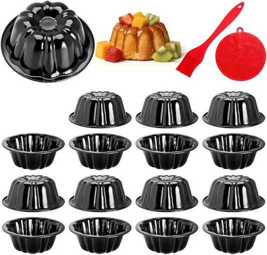 16Pcs 4 Inch Mini Fluted Cake Pan Nonstick Mini Fluted Tube Cake Pan, Carbon Steel Mini Flan Molds Pan with Oil&Dish Brushes, Reusable Oven Baking Mold for Cupcake, Bread Chocolate, Brownie