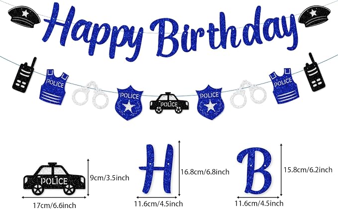 Zwiebeco Blue Black Silver Police Happy Birthday Banner Bunting Hanging Paper Swirls Garland Party Decorations for Boys Girls Kids Womens Mens Adults Police Themed Bday Decor Accessories Supplies