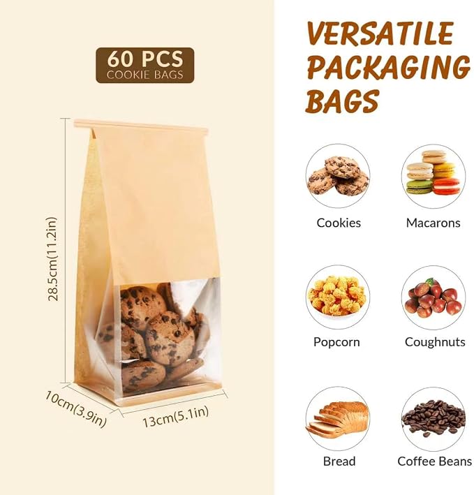 60 Pcs Small Bakery Bags with Window, 3.9x5.1x11.2 Inches Ties Lock Cookie Packaging Bag Resealable Paper Treat Bags for Homemade Breads, Popcorn, Candies,Treats, Snacks, Baked Goods Packaging