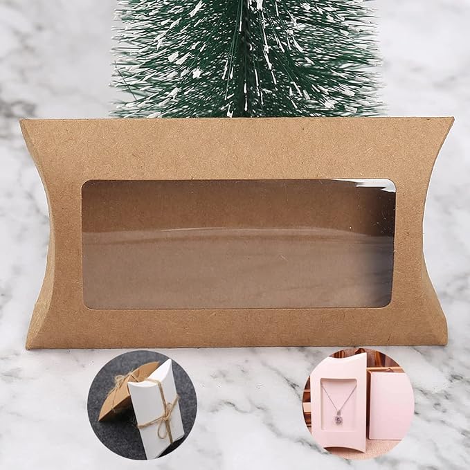 Wzttdm 40pcs Kraft Paper Mini Pillow Packaging Box with Clear Window, Box Treat Gift Packaging Box for Bakery Candy Chocolate Jewelry Display Wedding Party Favor (Brown, 5 x 3 x 0.8 inches)