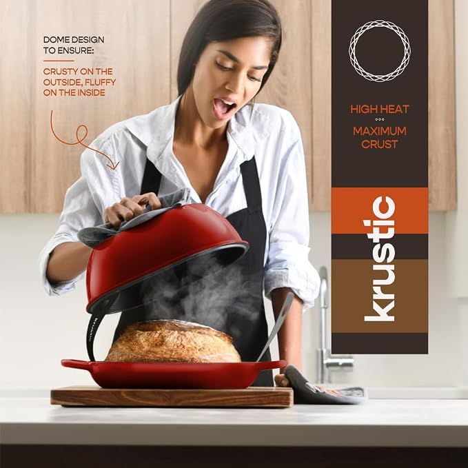 Krustic Enameled Cast Iron Dutch Oven for Professional Sourdough Bread Baking | 5.5 Quart Loaf Size Oval Cookware Pot with Lid | Triple-Layer Enamel Coating Pan with Non Stick Silicone Mat |Red