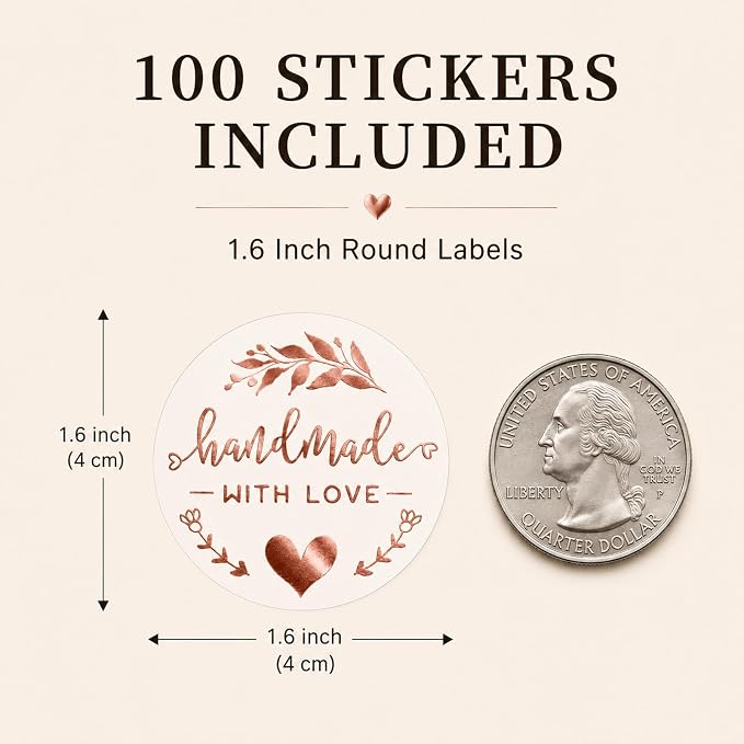 100 Handmade with Love Stickers, Clear Rose Gold Foil Labels for Small Business Packaging, Bakery Boxes, Gift Bags, Cookies, Handmade Crafts & Customer Orders, 1.6 Inch Round