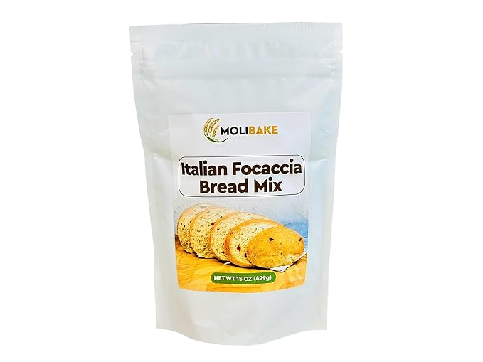 Molibake Italian Focaccia Bread Mix – Pack of 1, 15 oz – Artisan Mediterranean Style with Bell Pepper, Tomato, Onion, Garlic & Herbs