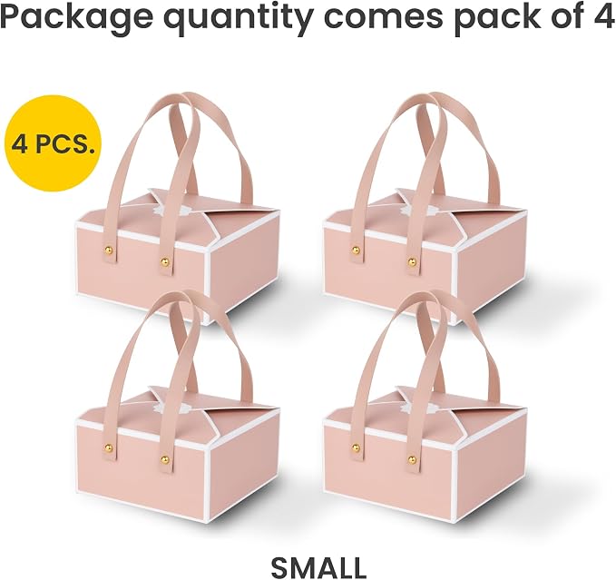 Hammont Cookie Boxes for Gift Giving - 4 Pack of Bakery Boxes, Easy to Assemble Decorative Cardboard Luxury Box with Faux Leather Handle Jewelry, Chocolate and Candy 5x7x3 Inches (Pink) (HM1781)