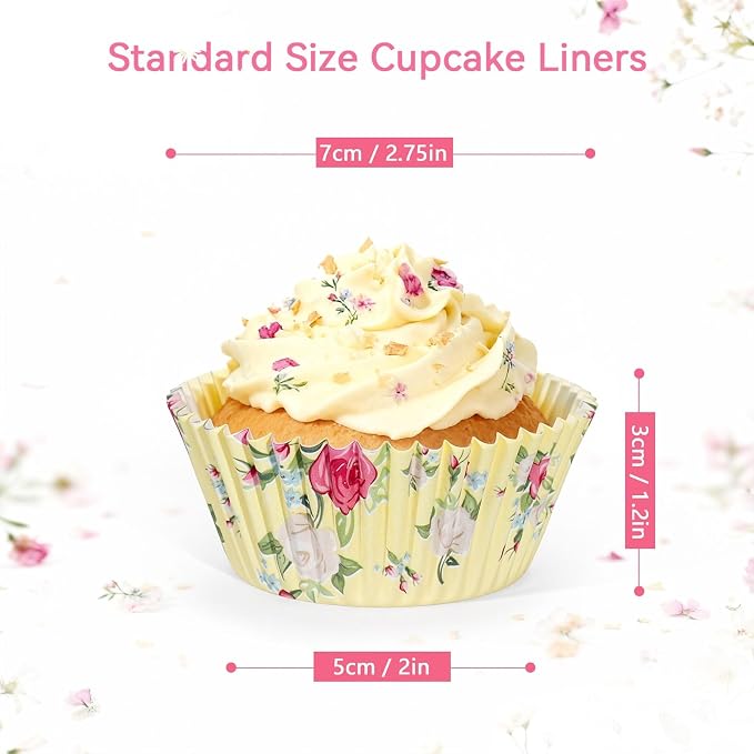 Standard Cupcake Liners 100 Pack, Colorful Paper Baking Cups Food Grade Disposable Cupcake Wrappers Floral Muffin Liners for Birthday Tea Themed Party Decor (Floral-3)
