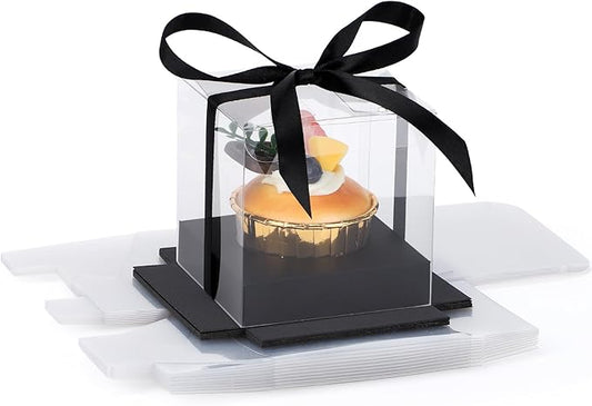 EUSOAR Clear Cupcake Boxes, 12pcs 3.5 Inch Plastic Individual Cupcake Containers Holder Storage for Cake, Single Transparent Cupcake Carrier with Ribbon and Inserts for Wedding Party-Black