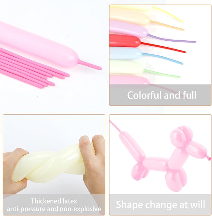 260 Balloons, 50Pcs Colorful Long Balloons for Tying Balloon Arch, Latex Animal Long Skinny Twisty Magic Balloon Twisting Kit for Home Office Game Banquet DIY Projects Party Decorations Random Color