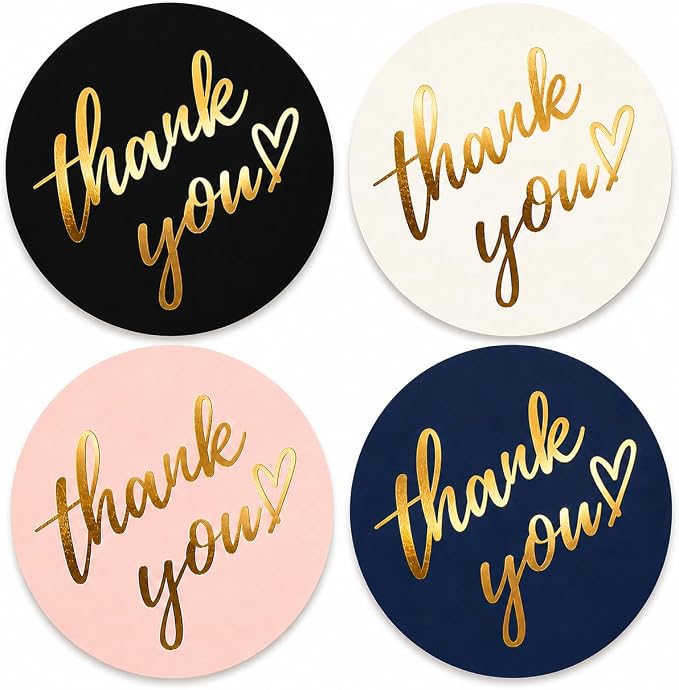 500 PCS Thank You Sticker Labels Roll – 1.5 Inch Round Gold Foil Stickers with Heart Design, 4 Colors for Small Business Packaging, Envelopes, Gift Bags, Shipping Boxes