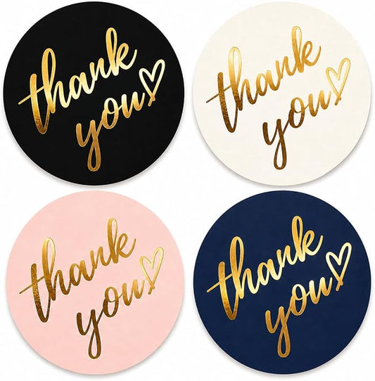 500 PCS Thank You Sticker Labels Roll – 1.5 Inch Round Gold Foil Stickers with Heart Design, 4 Colors for Small Business Packaging, Envelopes, Gift Bags, Shipping Boxes