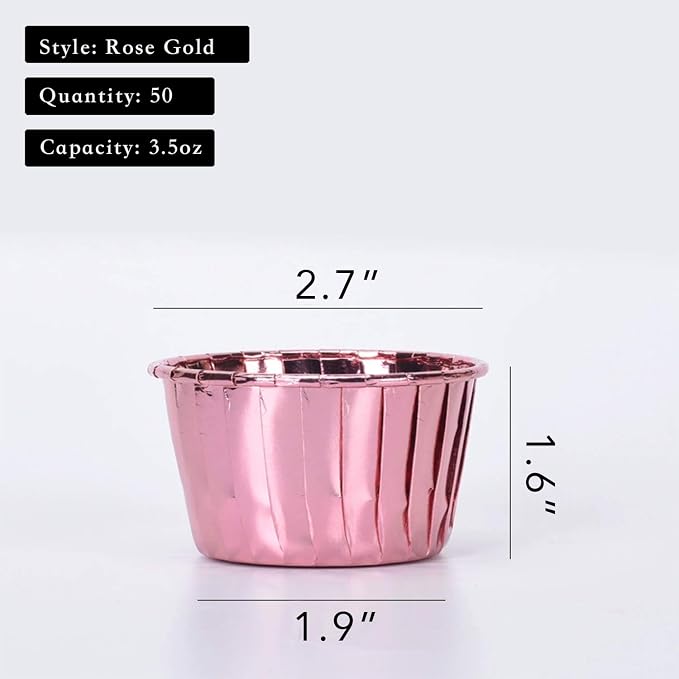 Party Hippo Cupcake Cups, 3.5 Oz 100 pcs Disposable Foil Muffin Liners, Gold Baking Cups, Ramekin Aluminum Cupcake Tip Pan Ramekin Holders, Little Baking Cups (100, Rose)