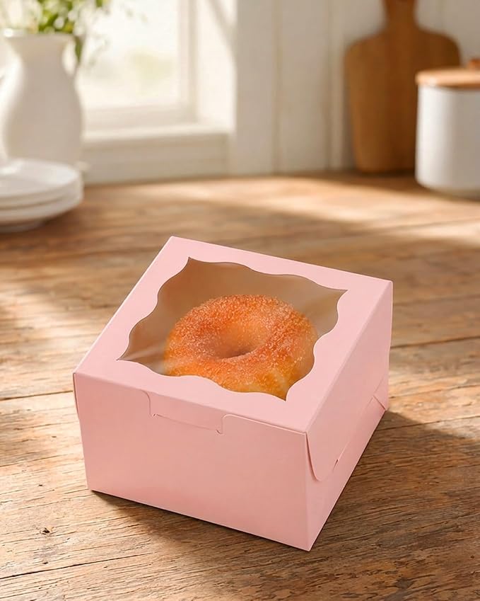 Bakepacker 400pcs Pink Bakery Boxes with Window 4"x 4"x 2.5" Thick & Cookie Boxes & Sturdy Macaroon Pastry