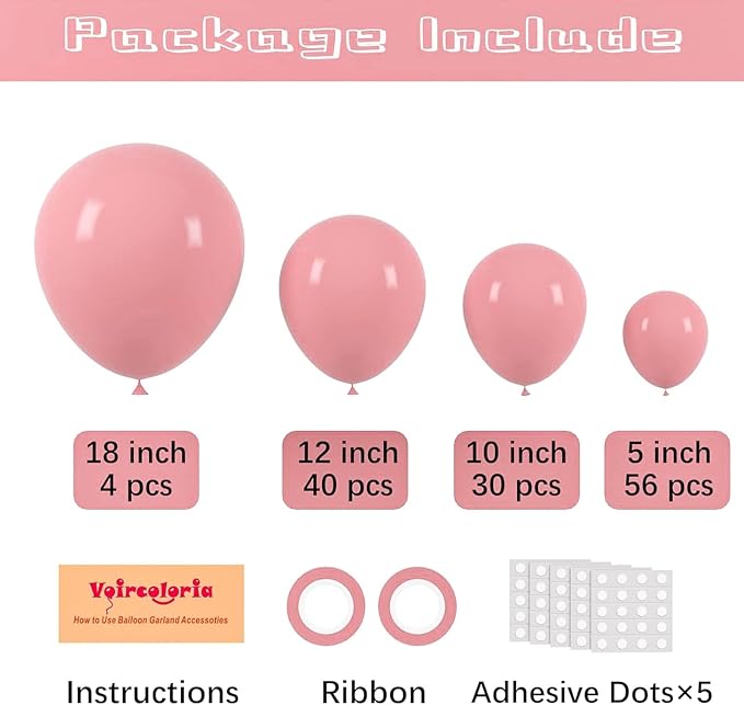 Voircoloria 130pcs Retro Pink Balloons Different Sizes 18" 12" 10" 5" Blush Pink Latex Balloon Garland Arch Kit for Birthday Baby Shower Valentine's Day Wedding Anniversary Party Decorations