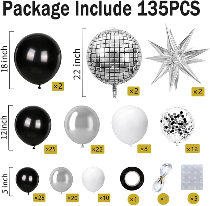Black Silver Balloons Arch Garland Kit, Black Silver White Balloons Disco Ball Balloons Arch for Disco Party Birthday Graduation Anniversary Decorations