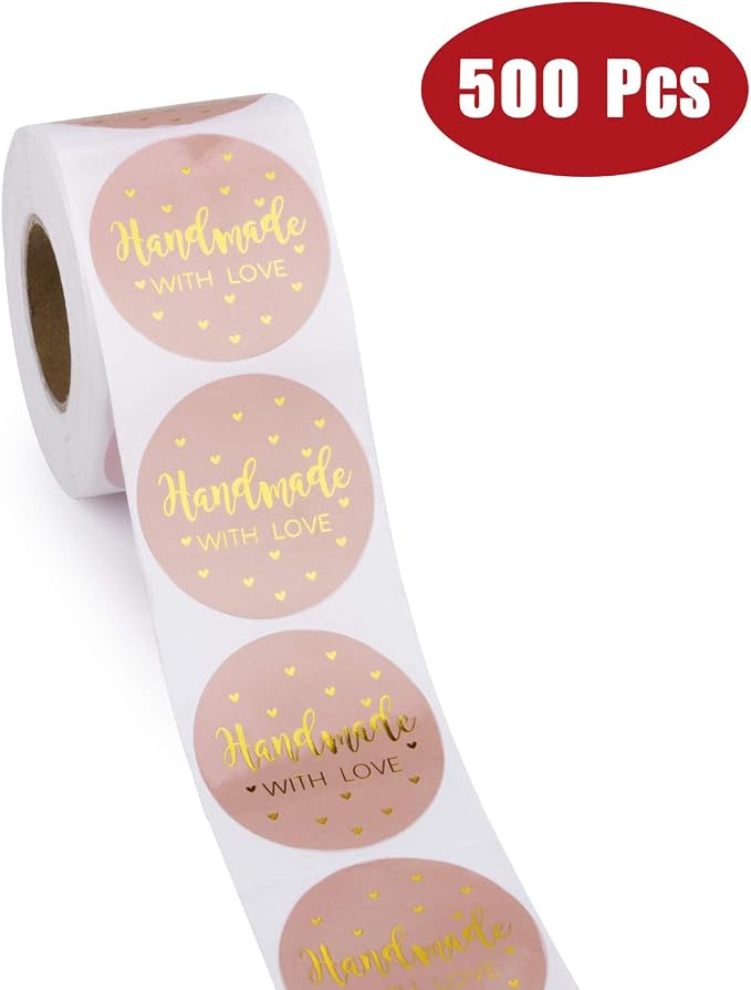 WRAPAHOLIC 2 Inch 500 Total Labels - Handmade Business Gift Sticker - Pink with Gold Foil Sticker for Shopping Small Shop Handmade