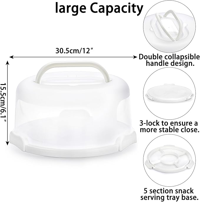 BSTKEY Portable Cake Carrier with Lid and Handle, Cake Turntable + Cupcake Storage Tray for Transport, 10" Round Cake Container Holder with Two Sided Base for Pies Nuts Fruit Cookies, White