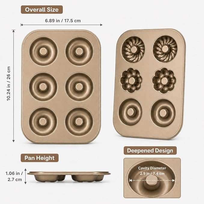 Donut Pans for Baking, 2-Pack 6-Cavity Nonstick Carbon Steel Doughnut Pans, Round and Decorative Shapes, Gold
