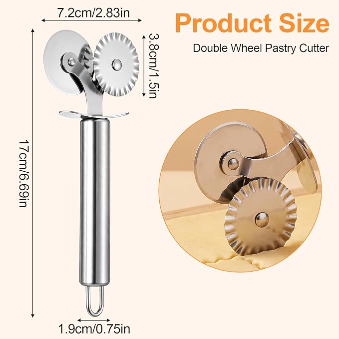 Double Wheel Pastry Cutter,Ravioli Pasta Cutter Wheel | Pie Cutter, Stainless Steel Dual-Head Baking Tool for Pizza, Noodles, Ergonomic Handle, Easy to Use & Clean