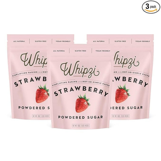 Whipzi Strawberry Flavored Powdered Sugar - Confectioners Sugar for Baking, Frosting, Royal Icing, Glazes, Coffee & Desserts - 1:1 Powdered Sugar Replacement - Gluten Free, Vegan Baking Sugar - 3 Pack