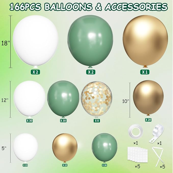 MEBAY Sage Green Balloon Arch Kit, 166Pcs Olive Green White Gold Balloons Garland for Baby Shower Birthday Wedding Jungle Safari Party Decoration