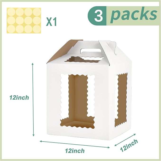 XININSUN 12x12x12 Inch Square Tall Cake Box with 6 Windows, Transport Carrier Container for Wedding, Birthday, Party Cakes
