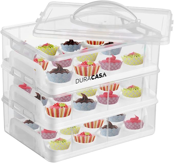 Cupcake Carrier, Cupcake Holder | Premium Upgraded Model Holds Cupcakes Steadier | Store up to 36 Cupcakes or Muffins | Stacking Cupcake Storage Container | Use 1,2, or 3 Tiers (White)