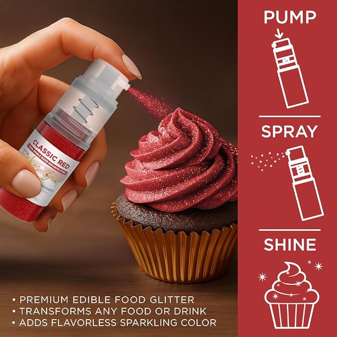 Bakell - Classic Red Tinker Dust (4g, 1x Mini Spray Pump) Edible Glitter for Food, Desserts, and Baked goods!