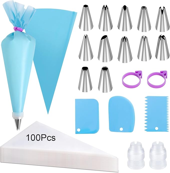 120 Pcs Piping Bags and Tips Set, 12 Inch Disposable Icing Pastry Bags, Cake Decorating Kit Baking Supplies with Reusable Piping Bag, Frosting Tips, Couplers & Scrapers