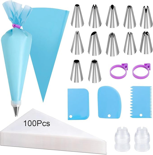 120 Pcs Piping Bags and Tips Set, 12 Inch Disposable Icing Pastry Bags, Cake Decorating Kit Baking Supplies with Reusable Piping Bag, Frosting Tips, Couplers & Scrapers