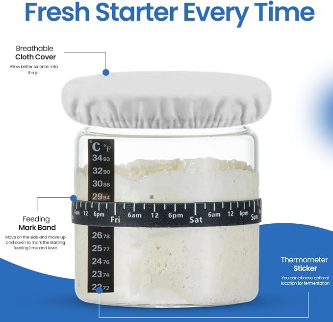 Sourdough Starter Jar Kit - Pack of 2, 35oz Wide Mouth Glass Jars for Sourdough Starter with Date Marked Feeding Scale, Thermometer, Cloth Cover, Scraper & Wooden Lid, Sourdough Jars