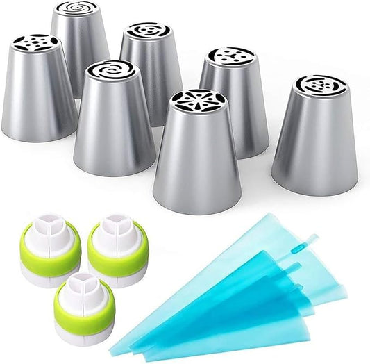 Stainless Steel Russian Piping Tips Set, Extra Large Flower Icing Nozzles, Cupcake Frosting Supplies with Leaf Tips, Couplers, Disposable Pastry Bags, Reusable Piping Bag (Silver,13 PCS)