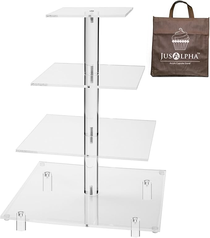 Jusalpha® Large 4 Tier Square Acrylic Cupcake Tower Stand for Dessert, Pastry, Serving Platter-Candy Bar Party Décor and Supply (Tall version)