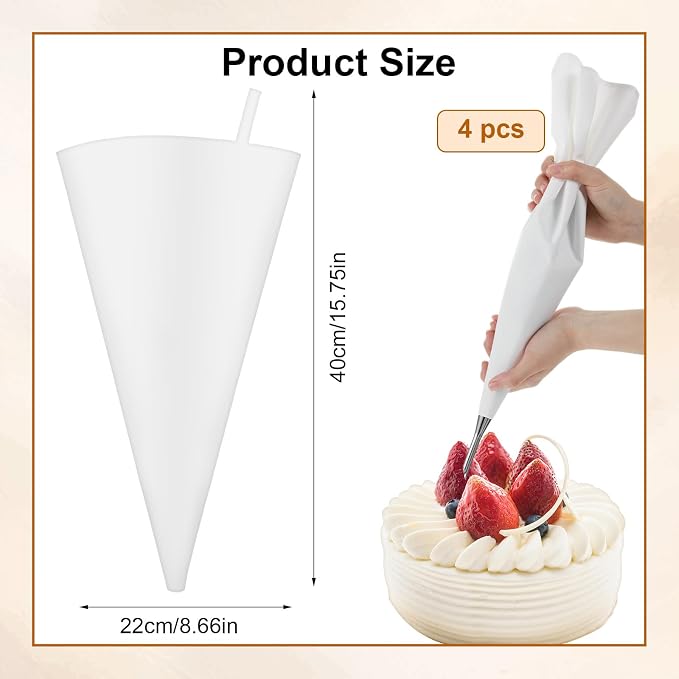 4 Pcs 15.7 Inch Reusable Piping Bags, Tipless Cloth Pastry Bags, White Cloth Frosting Bag, Hangable Icing Piping Bag for Baking Cake Decorating