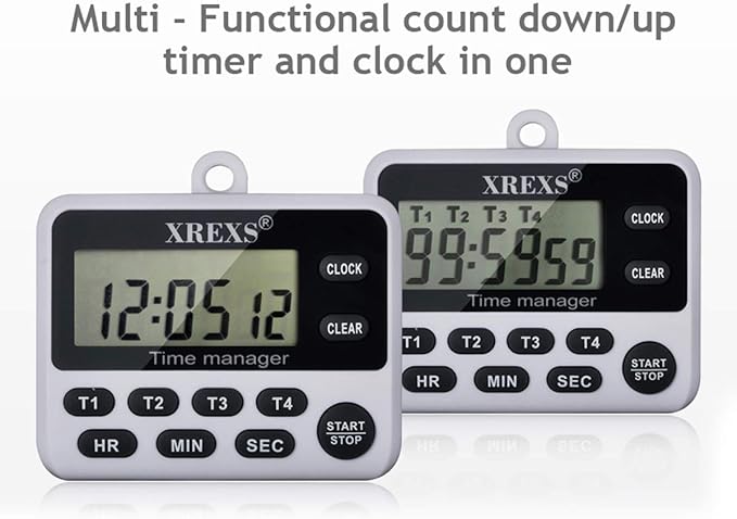 XREXS 4-Channel Digital Kitchen Timer Clock with Large LCD Display, 4 Groups Simultaneous Timing Countdown Up Pocket Timer, Magnetic Attachable (Battery Included)