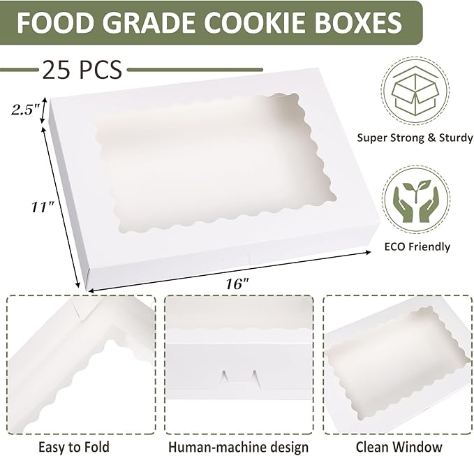 TOMNK 25pcs Cookie Boxes with Window, 16x11x2.5in Large Auto-Popup Bakery Boxes for Treats, Desserts, Chocolate Covered Strawberries, Pies, Muffins, Donuts