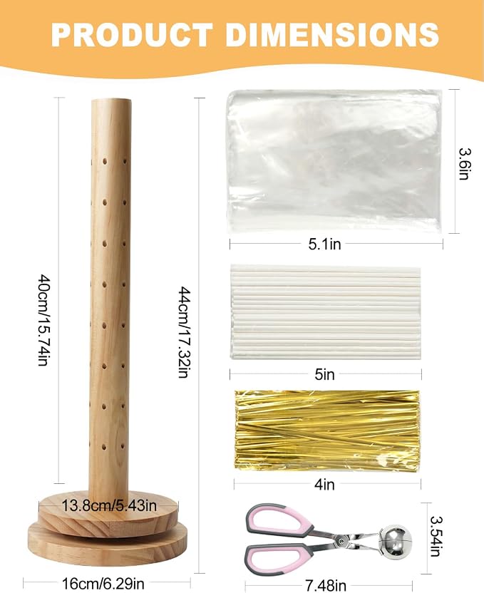 Wood Cake Pop Stand Kit 48 Holes with Spinning Base, Wooden Lollipop Holder Candy Table Display Decorative Dessert Stand with Cake Pop Scooper, Paper Sticks, Clear Treat Bags & Twist Ties
