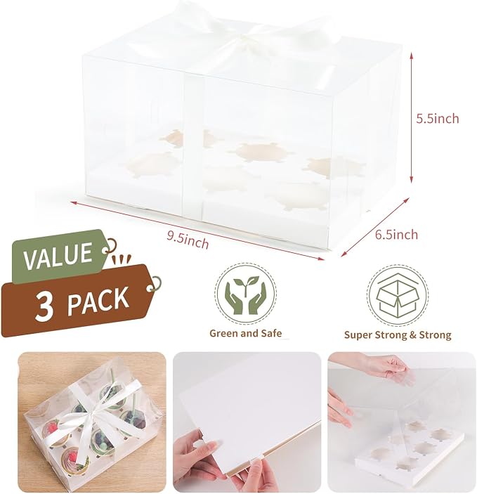 3Pcs Clear Cupcake Boxes,6 Count Cupcake Containers with Gift Ribbon,Plastic Cupcake Carrier Holder for Dessert Cookies Muffins Pastry (White/clear, 6 Count/3ps)