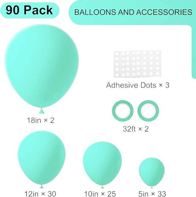 Voircoloria 90pack Teal Balloons Different Size 18/12/10/5 Inch Teal Balloon Garland Arch Kit for Graduation, Wedding, Birthday, Baby Shower, Anniversary Party Decorations