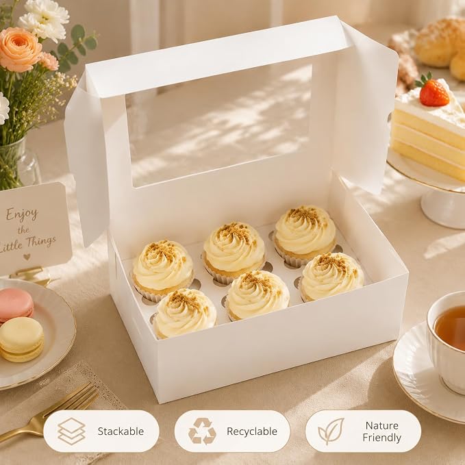 Pralb 20Pack White Cupcake Boxes with Inserts 6 Holders,White Standard Bakery Boxes with Pvc Window,Cupcake Containers Bakery Cake Box,Auto-Popup Cupcake Containers Carriers Bakery Cake Box(9x6x3inch)