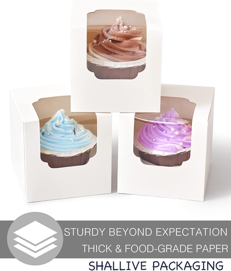 100 Pcs Individual Cupcake Box White with Insert, 3.5" Treat Boxes with Window Bulk for Hot Cocoa Bombs and Cookies, Pre-Assembled for Easter Wedding Birthday Baby Shower Party