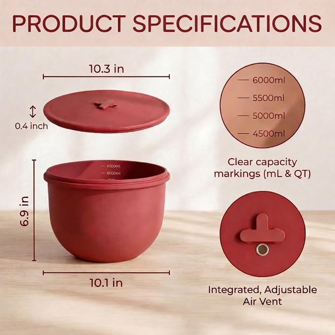 3-Pack Silicone Bowl Liners with Lids for KitchenAid 6-Qt Bowl-Lift Bowls Only, 2mm Extra-Thick Premium Silicone, Built-In Air Vents for Dough Proofing, Dishwasher Safe, BPA-Free
