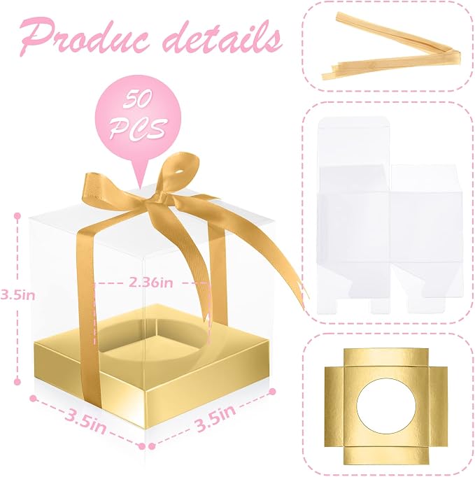 Thenshop 50 Pcs Clear Cupcake Boxes Individual 3.5 Inch Plastic Single Cupcake Containers Boxes with Inserts and Ribbon Individual Cake Storage Holders for Cake Kitchen(Gold)