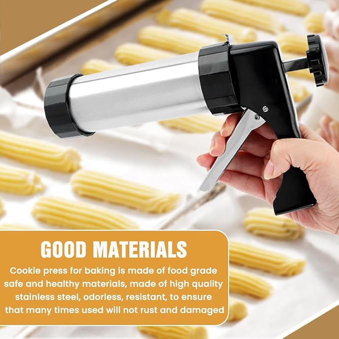 Cookie Press Gun Kit, Stainless Steel Hand Press, 13 Discs, 8 Tips | Includes 1 press gun 2 cleaning brushes, For spritz cookies icing and egg filling, No storage case included