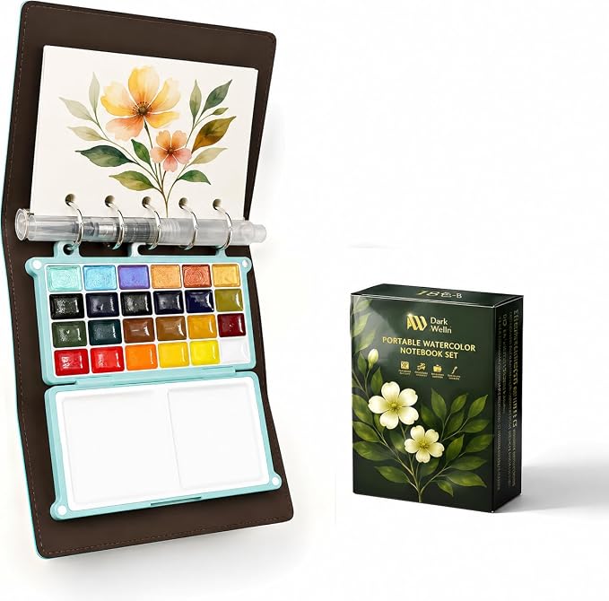 Mini Travel Watercolor Sketchbook Set - 24 Colors Pocket Paint Kit (6 Metallic, Neon, Macaron) with Refillable 300gsm Black & White Paper - PU Leather Urban Sketching Binder & Water Brush Gift