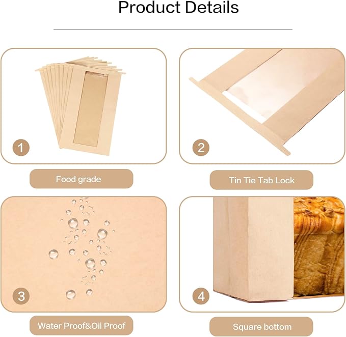 200 Pack Large Paper Bread Bags for Homemade Bread with Tin Tie Tab Lock,14" x 8.3" x 3.5" Sourdough Kraft Loaf Bag with Clear Front Window,Label Seal Sticker Included