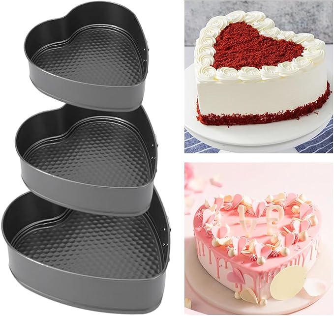 3 Springform Heart Cake Tins Heavy Duty, Double Layer Non-Stick Coating, Removable Base, Heavy Duty Carbon Steel, Perfect for Frozen Desserts - Oven Safe Bakeware (8/9/10 Inch)