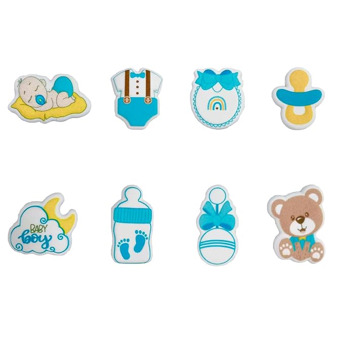 8 PCS Edible Blue Baby Boy Icing Cake Decoration Baby Showers Themed Candy Sprinkle Cupcake Topper Ice Cream Cookies Frosting Decoration