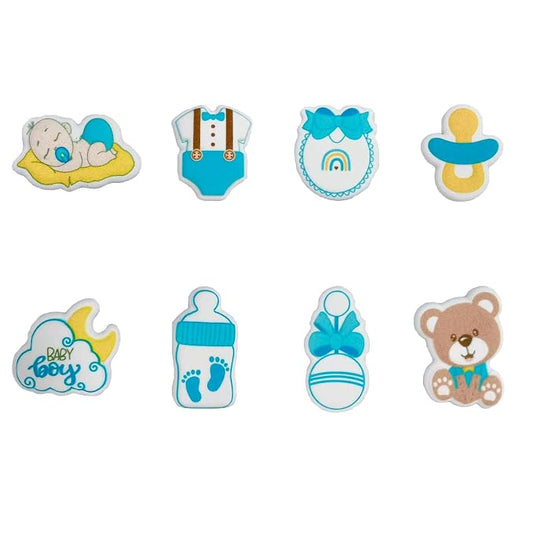 8 PCS Edible Blue Baby Boy Icing Cake Decoration Baby Showers Themed Candy Sprinkle Cupcake Topper Ice Cream Cookies Frosting Decoration