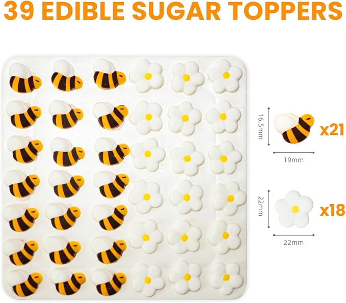 Edible FLower & Bee Cake Decorations, Royal Icing FLower for Cupcake Topper, Edible Bee Sprinkles Sugar for Cakes Cookies Chocolate Macarons Baking Spring Baby Shower Decoration, 39 pcs
