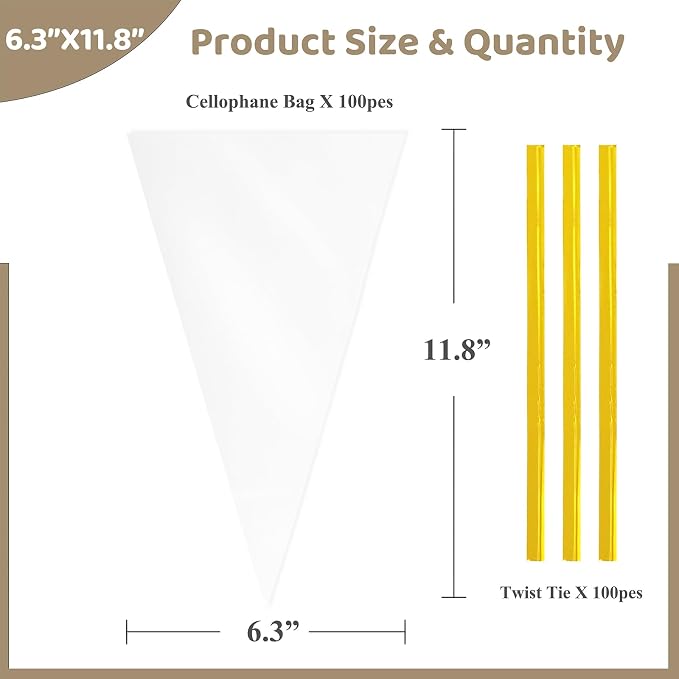 WIKDAY Cone Shaped Treat Bags 100 PCS 6.3x11.8 Inches Clear Plastic Popcorn Bags with Ties Party Favor Candy for Gift Giving, Packaging Snack, Products